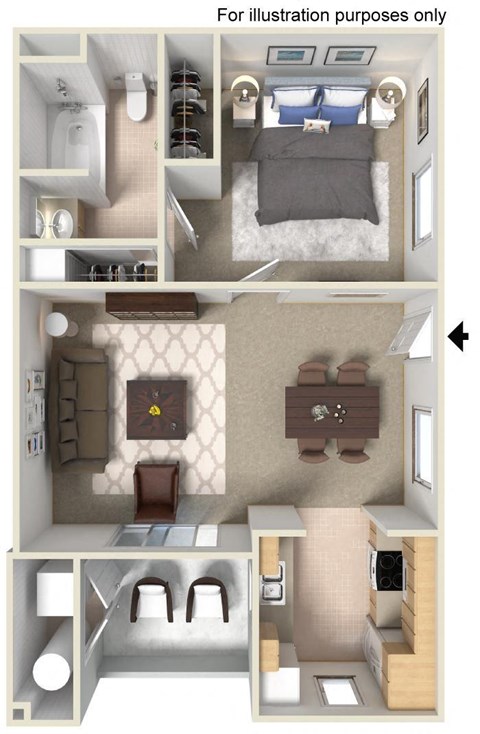 Floor plan for 1 bed, 1 bath, 681 sqft